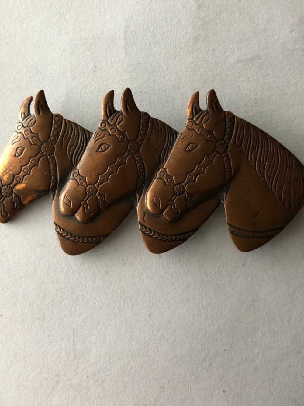 Vintage Copper Triple Horse Heads Brooch Pin Western 3 inch